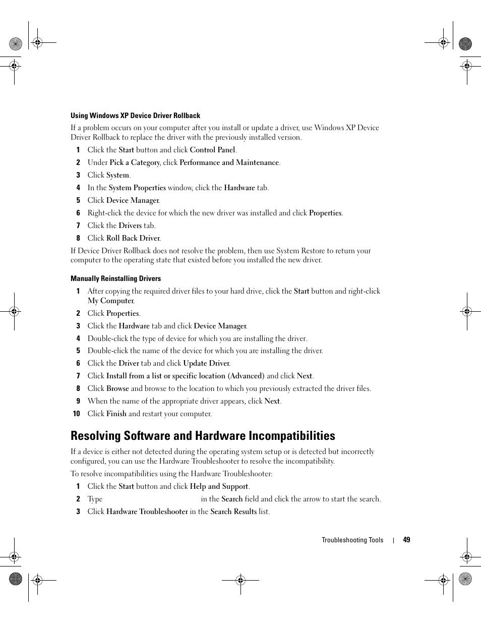 Resolving software and hardware incompatibilities | Dell Dimension 5000 User Manual | Page 49 / 140