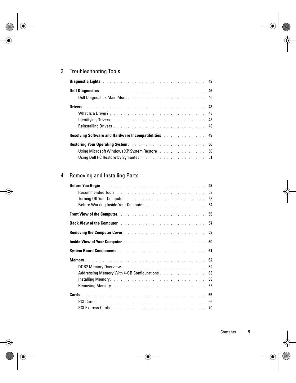 3troubleshooting tools, 4removing and installing parts | Dell Dimension 5000 User Manual | Page 5 / 140