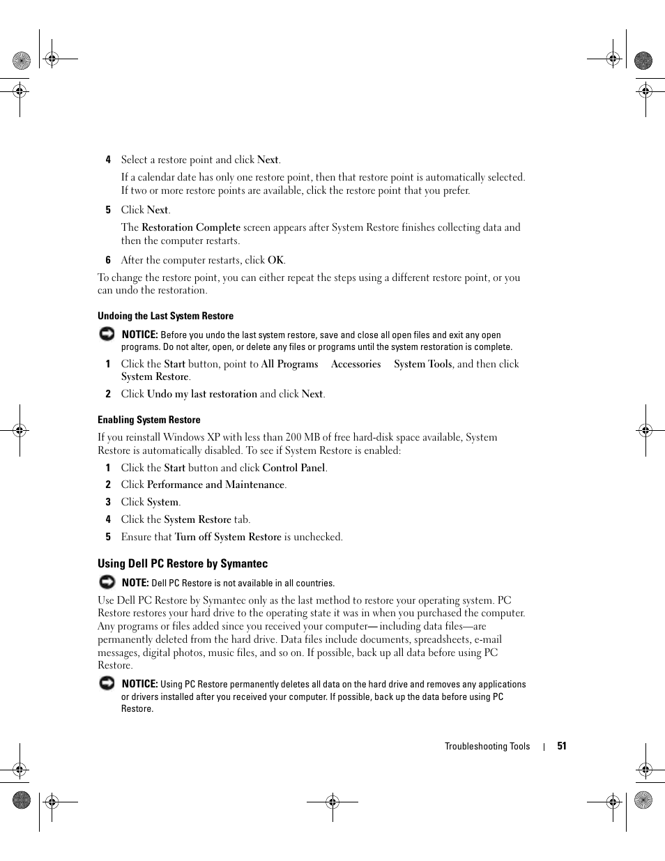 Using dell pc restore by symantec | Dell Dimension 5000 User Manual | Page 51 / 140