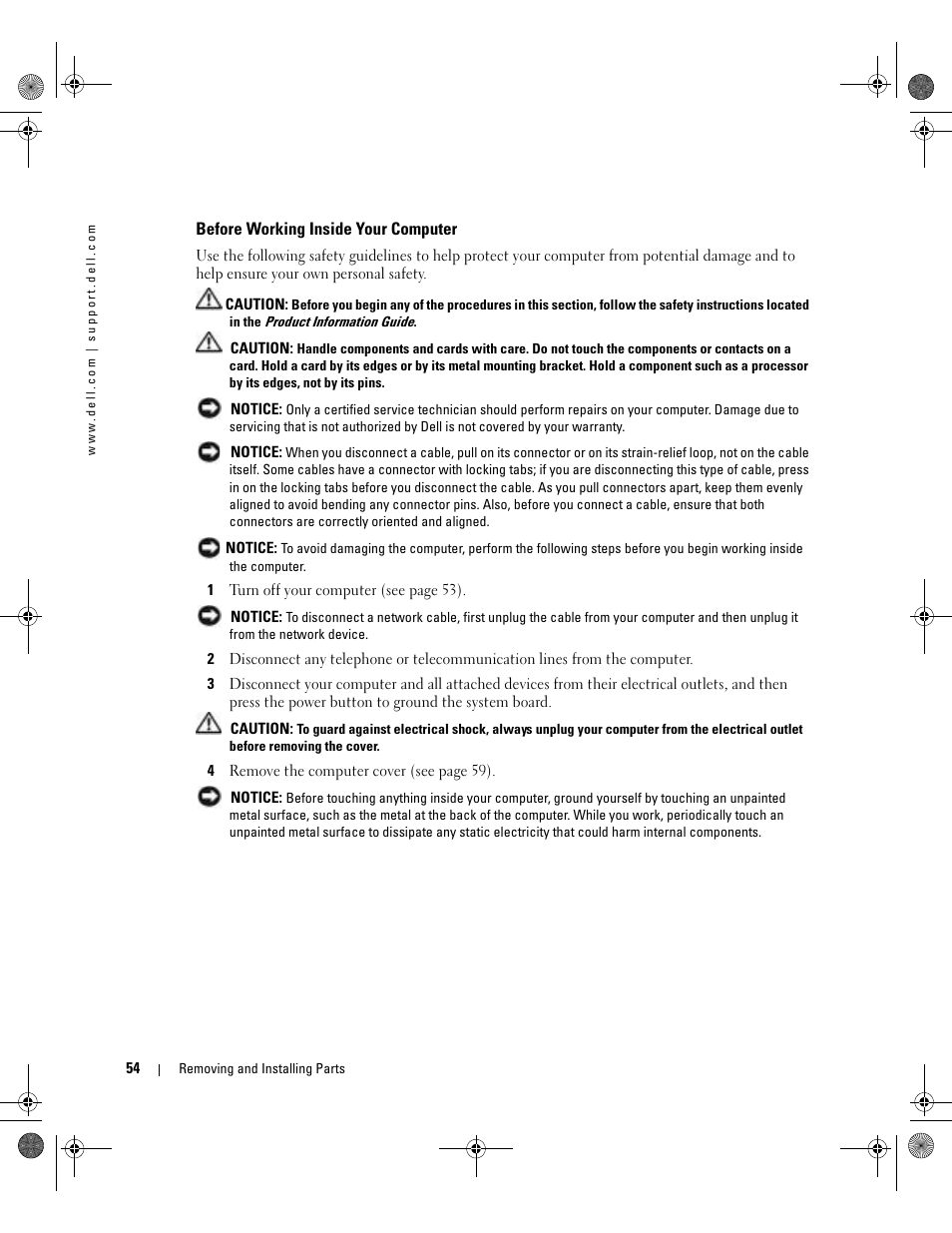 Before working inside your computer | Dell Dimension 5000 User Manual | Page 54 / 140