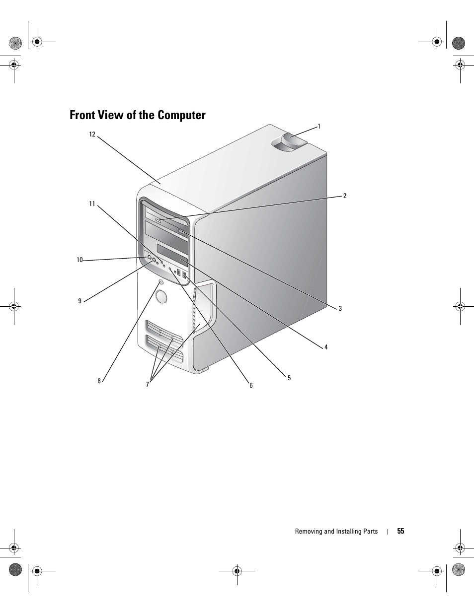 Front view of the computer | Dell Dimension 5000 User Manual | Page 55 / 140