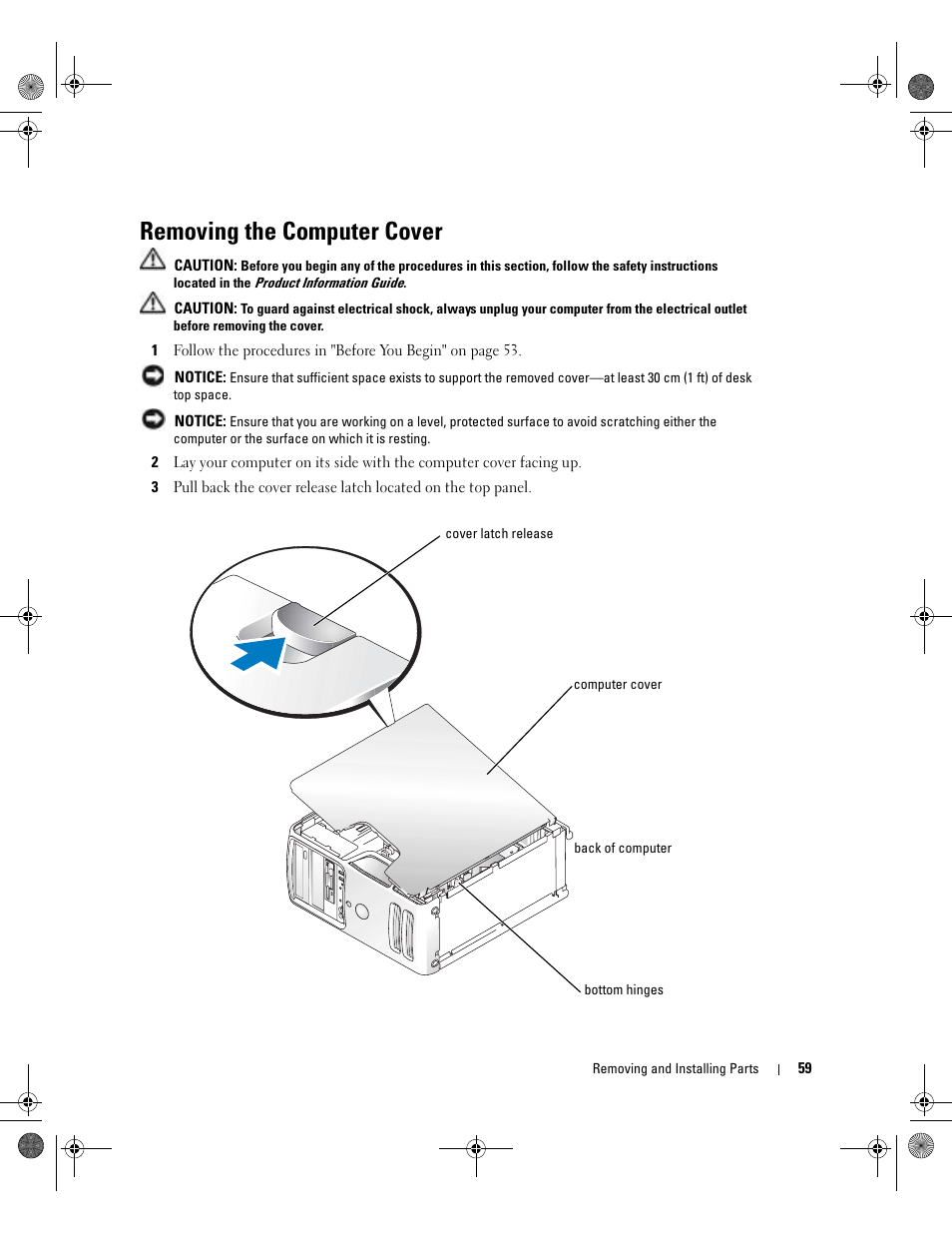 Removing the computer cover | Dell Dimension 5000 User Manual | Page 59 / 140
