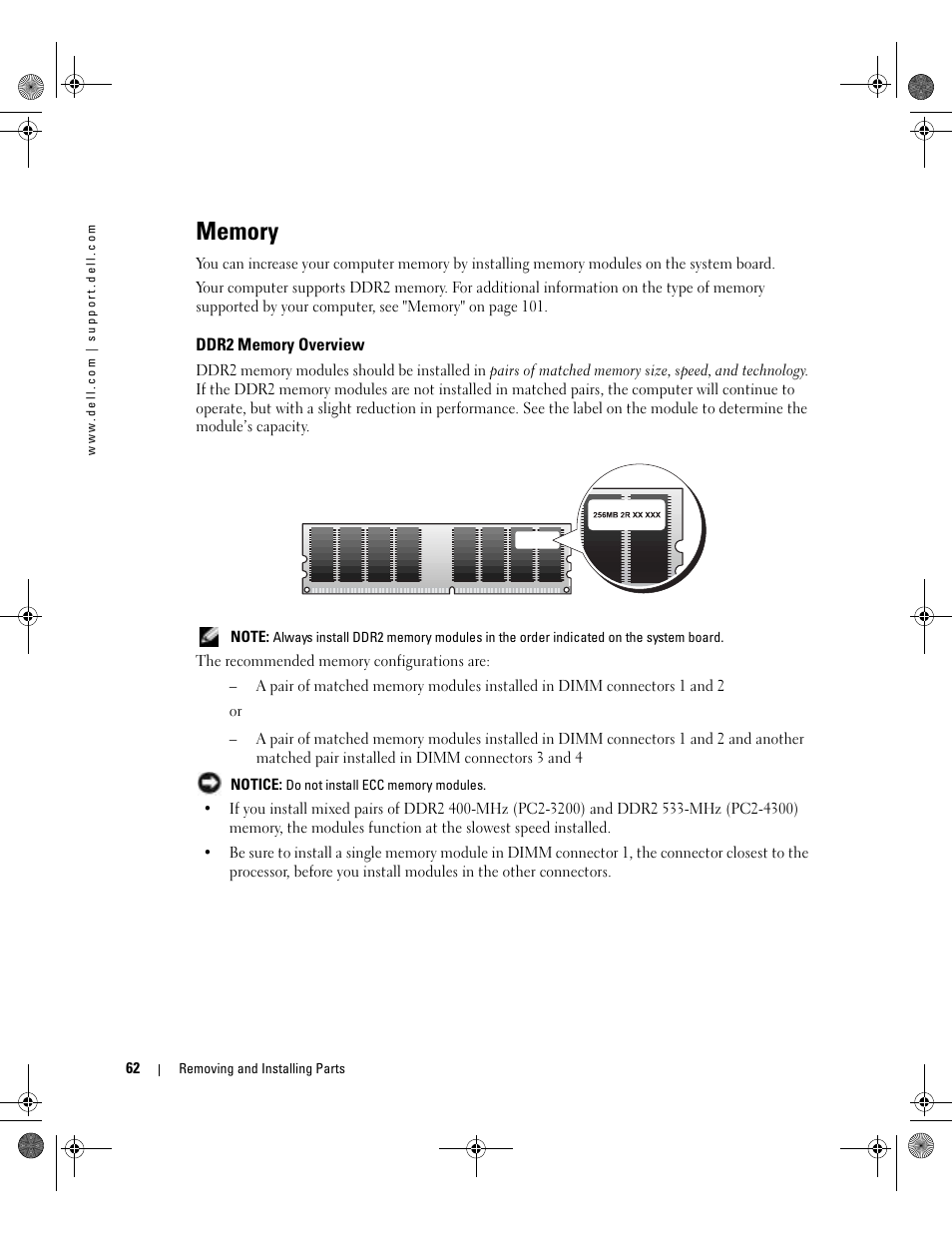 Memory, Ddr2 memory overview | Dell Dimension 5000 User Manual | Page 62 / 140