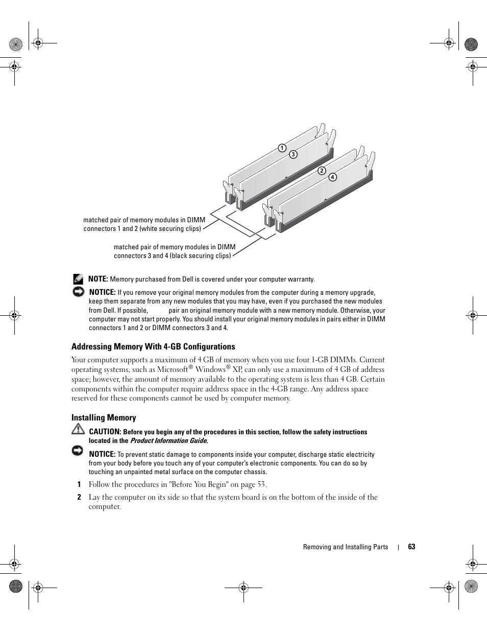 Addressing memory with 4-gb configurations, Installing memory | Dell Dimension 5000 User Manual | Page 63 / 140