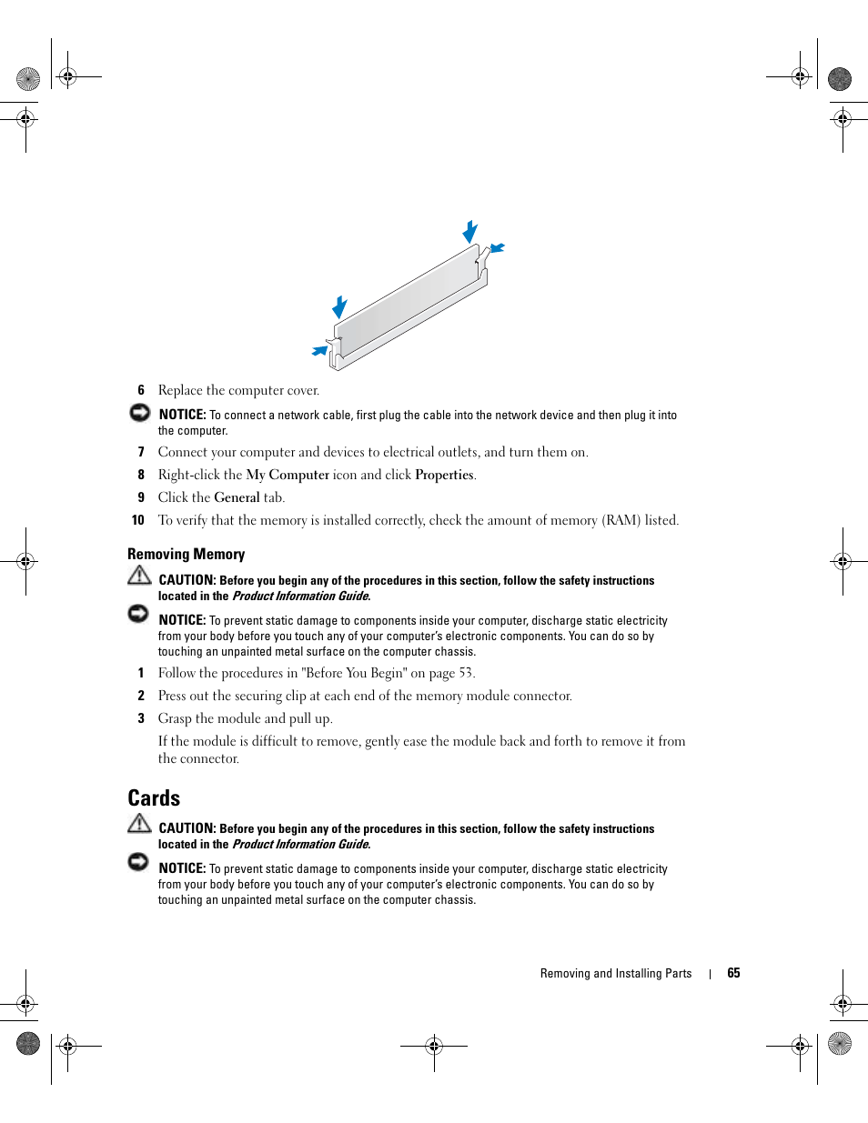 Removing memory, Cards | Dell Dimension 5000 User Manual | Page 65 / 140