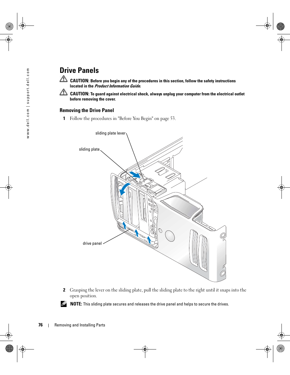 Drive panels, Removing the drive panel | Dell Dimension 5000 User Manual | Page 76 / 140