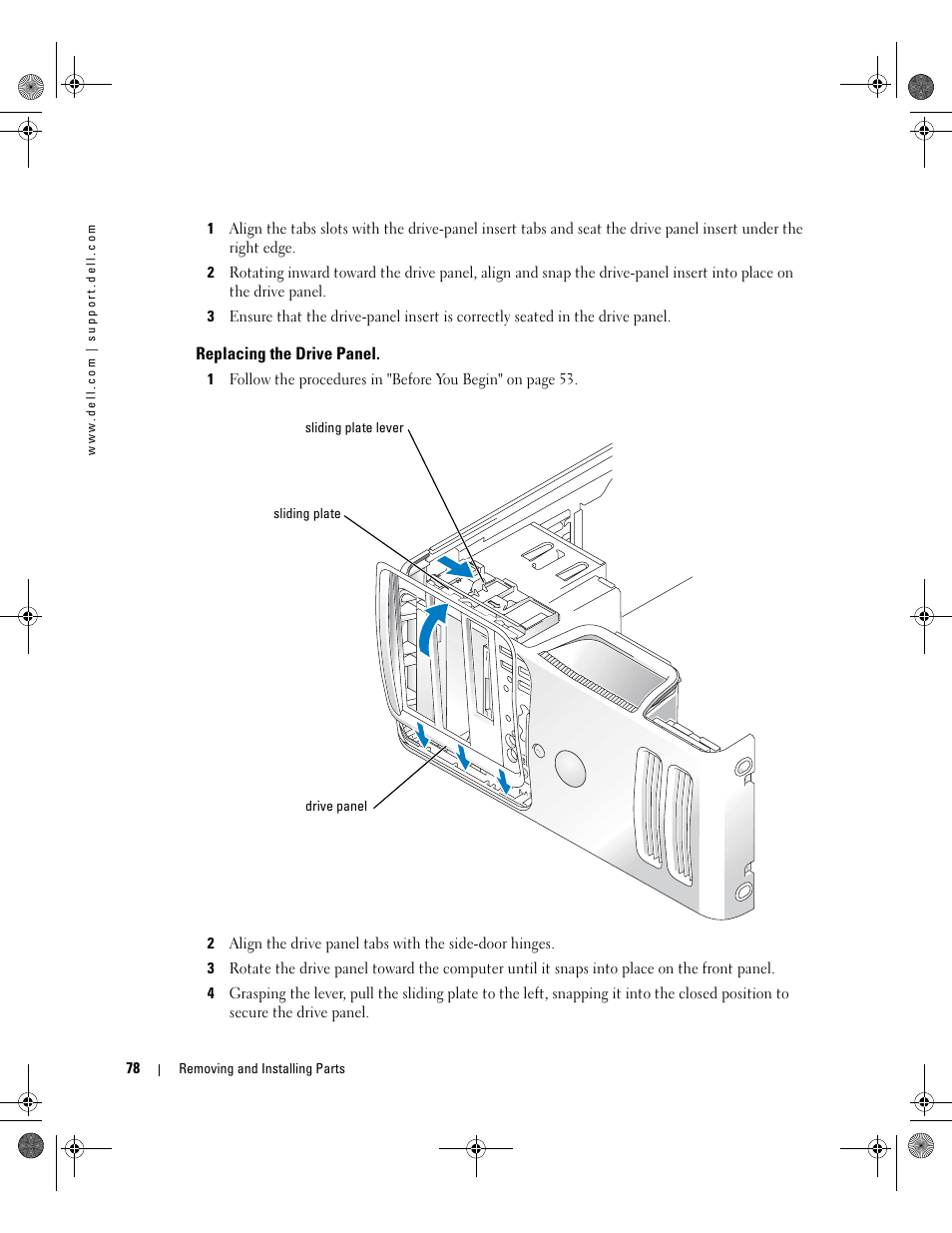 Replacing the drive panel | Dell Dimension 5000 User Manual | Page 78 / 140