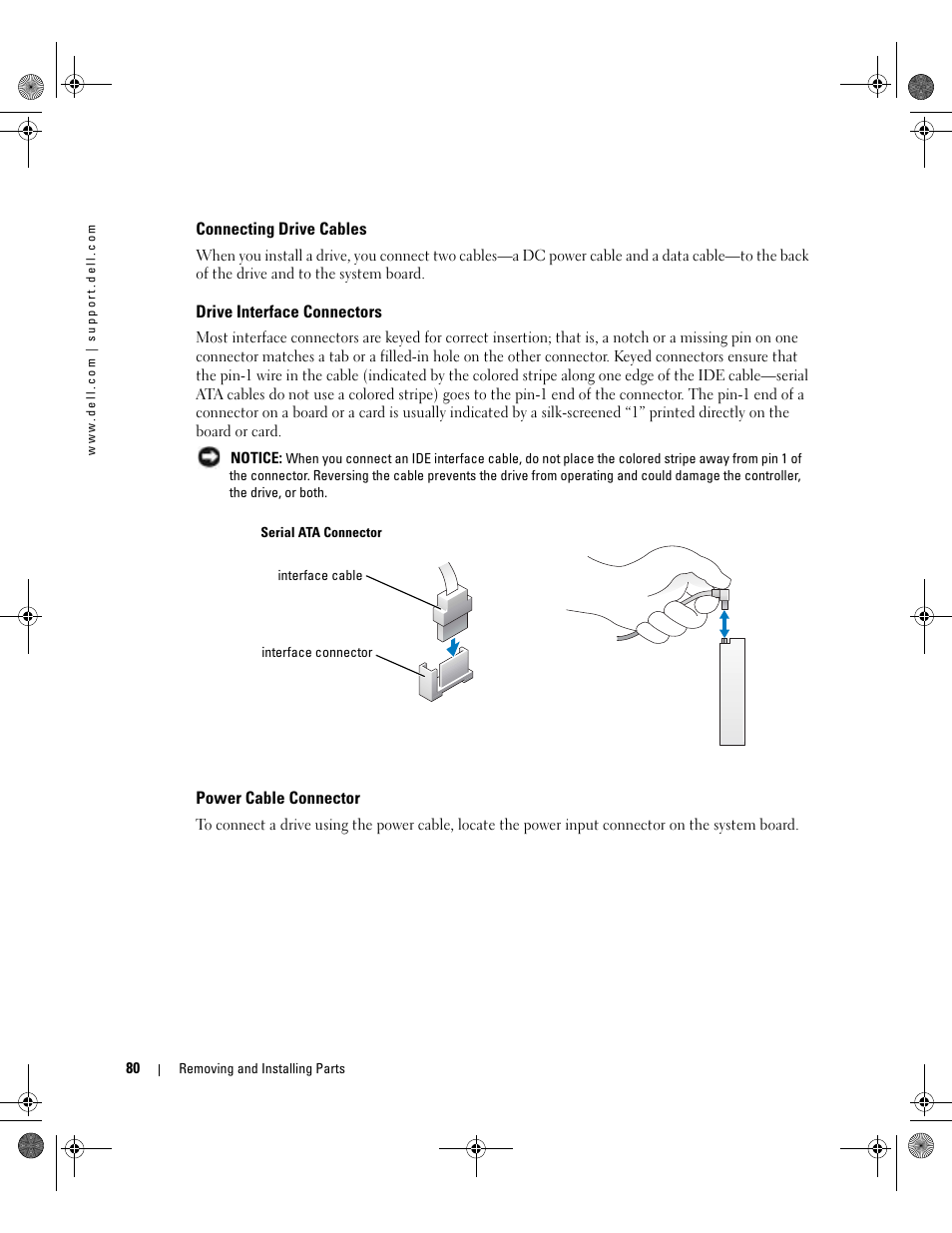 Connecting drive cables, Drive interface connectors, Power cable connector | Dell Dimension 5000 User Manual | Page 80 / 140
