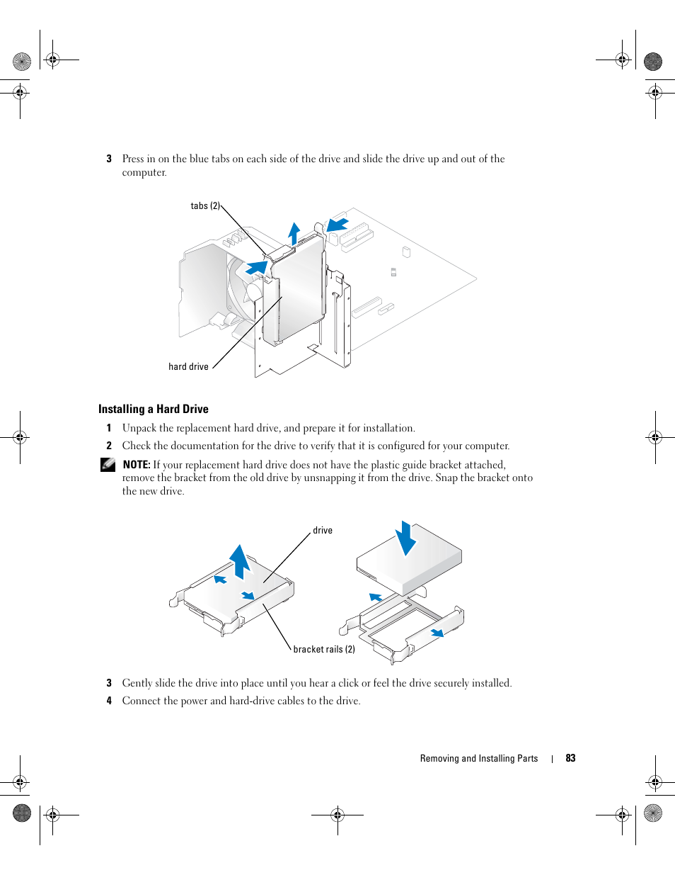 Installing a hard drive | Dell Dimension 5000 User Manual | Page 83 / 140