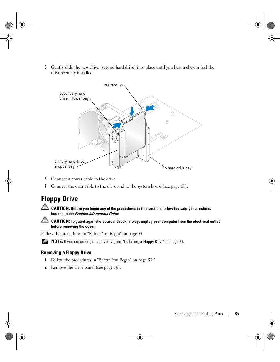 Floppy drive, Removing a floppy drive | Dell Dimension 5000 User Manual | Page 85 / 140
