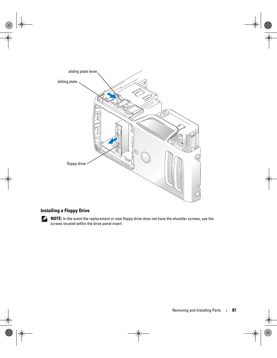 Installing a floppy drive | Dell Dimension 5000 User Manual | Page 87 / 140