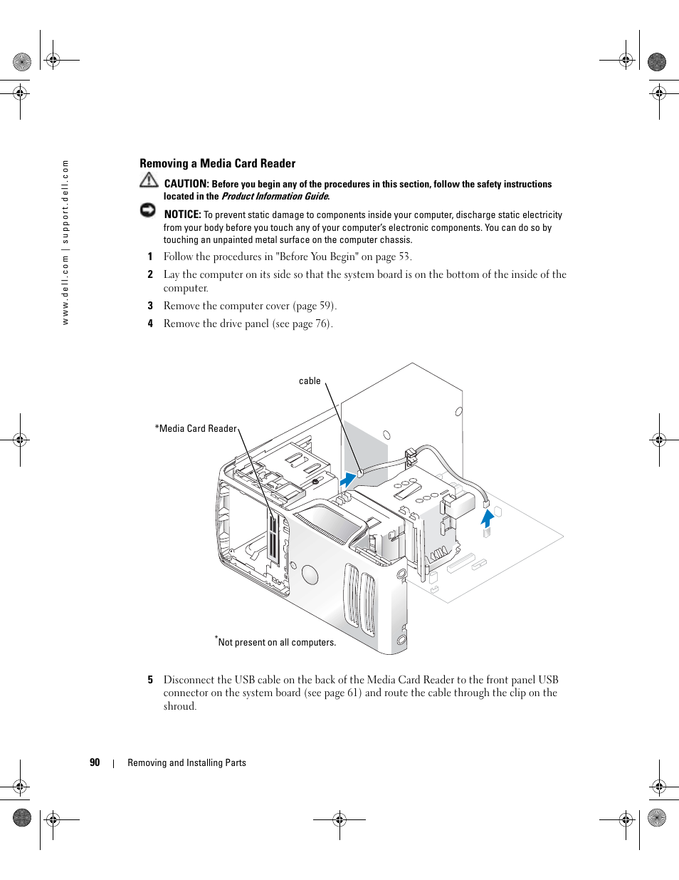 Removing a media card reader | Dell Dimension 5000 User Manual | Page 90 / 140