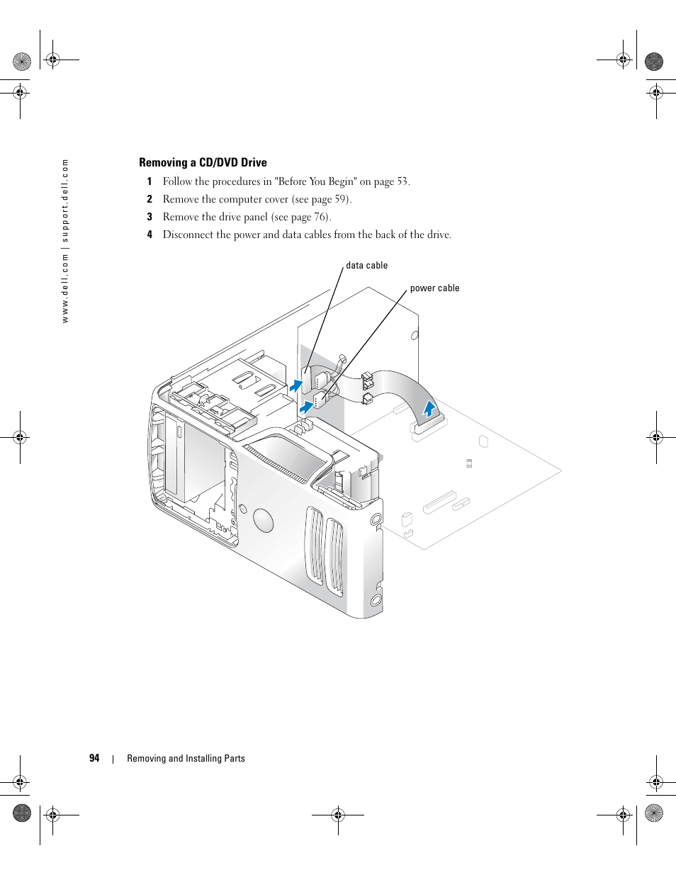 Removing a cd/dvd drive | Dell Dimension 5000 User Manual | Page 94 / 140