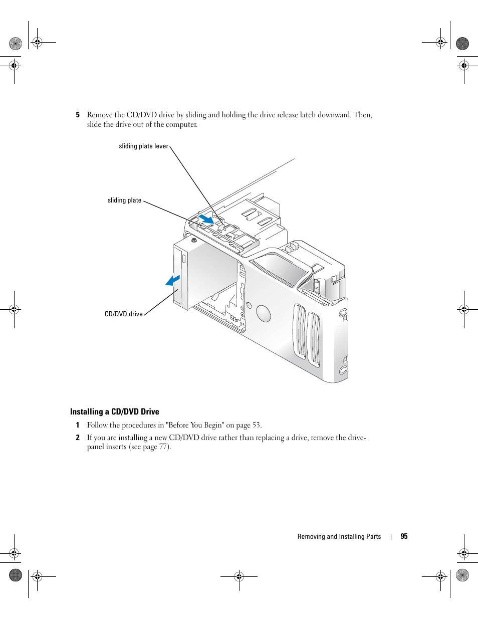 Installing a cd/dvd drive | Dell Dimension 5000 User Manual | Page 95 / 140