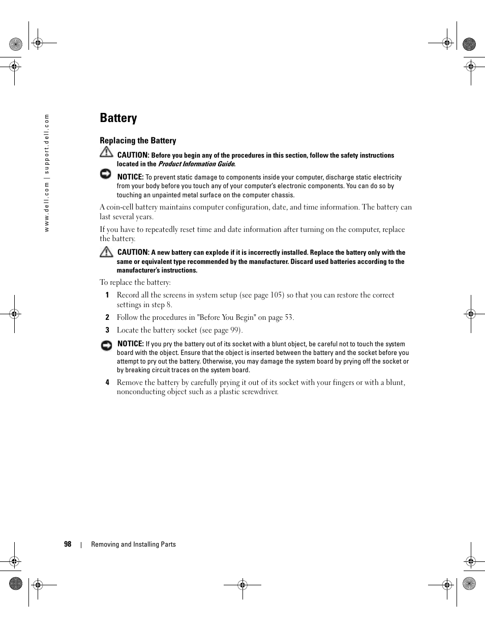 Battery, Replacing the battery | Dell Dimension 5000 User Manual | Page 98 / 140