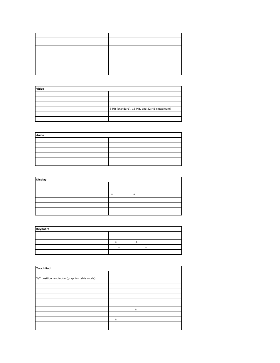 Video, Audio, Display | Keyboard, Touch pad | Dell Inspiron 8000 User Manual | Page 51 / 53