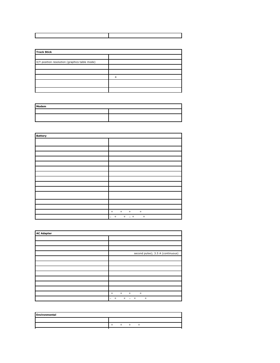 Track stick, Modem, Battery | Ac adapter, Environmental | Dell Inspiron 8000 User Manual | Page 52 / 53