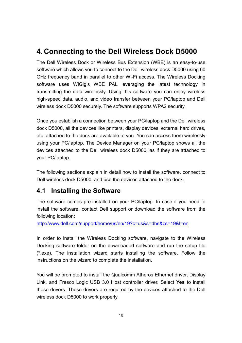 Connecting to the dell wireless dock d5000, 1 installing the software | Dell Wireless Dock User Manual | Page 14 / 52