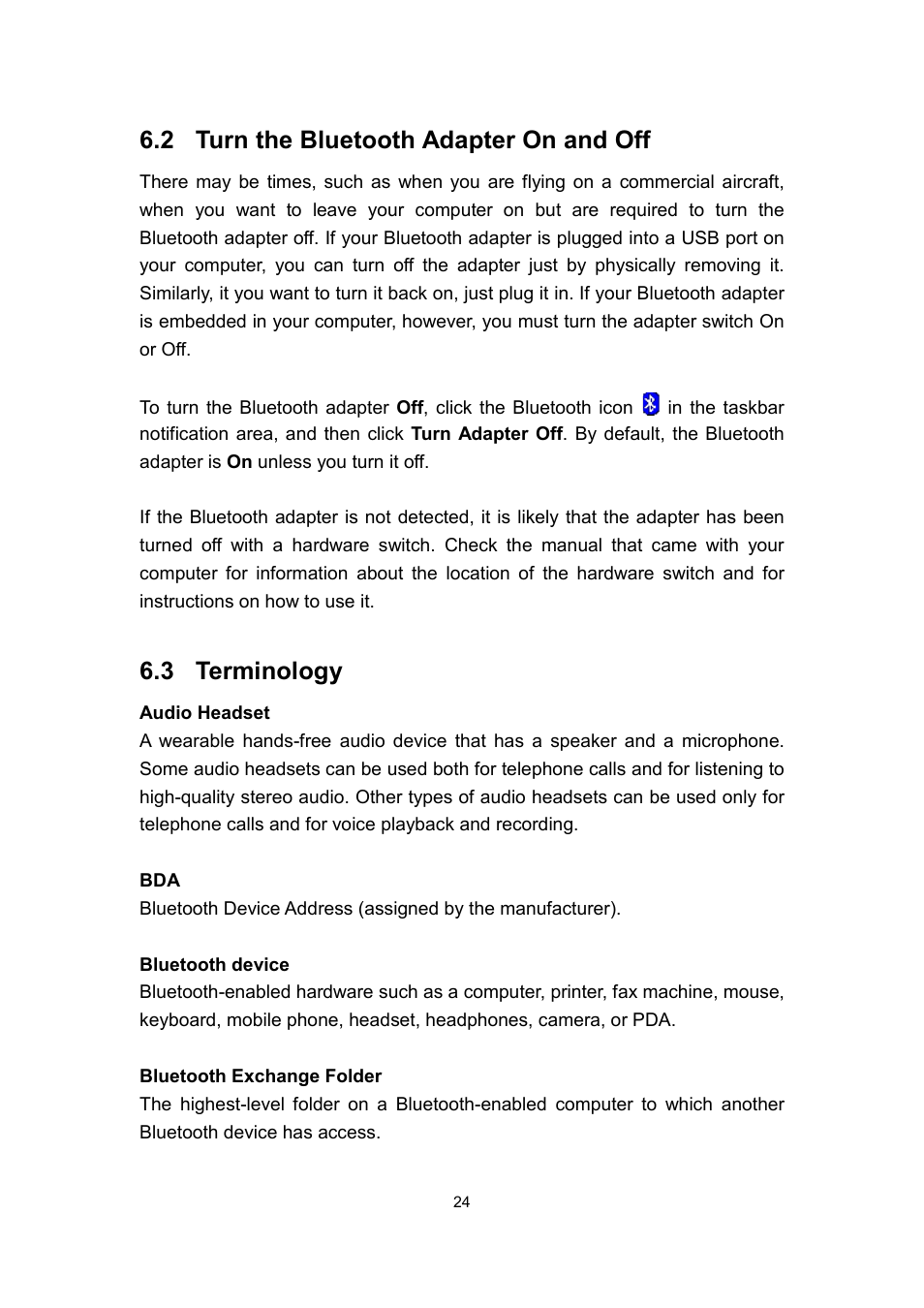 2 turn the bluetooth adapter on and off, 3 terminology | Dell Wireless Dock User Manual | Page 28 / 52