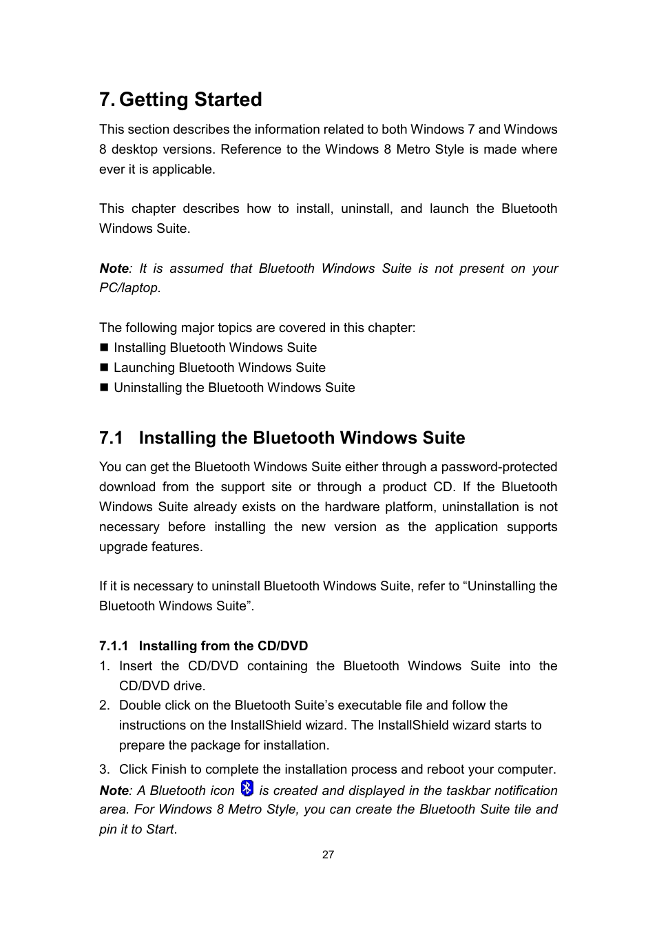 Getting started, 1 installing the bluetooth windows suite | Dell Wireless Dock User Manual | Page 31 / 52