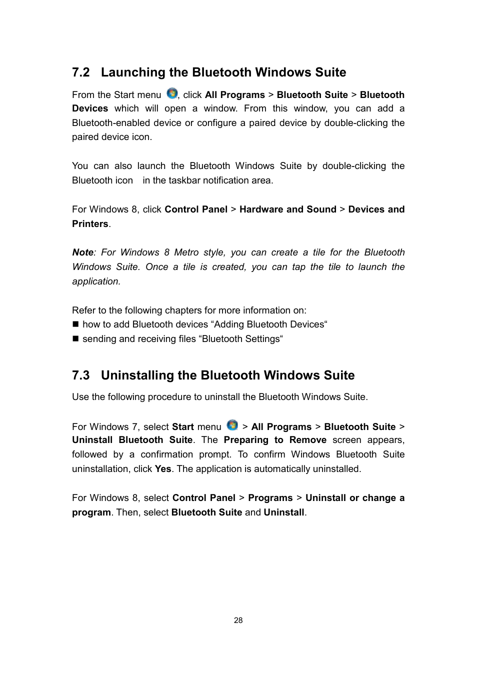 2 launching the bluetooth windows suite, 3 uninstalling the bluetooth windows suite | Dell Wireless Dock User Manual | Page 32 / 52