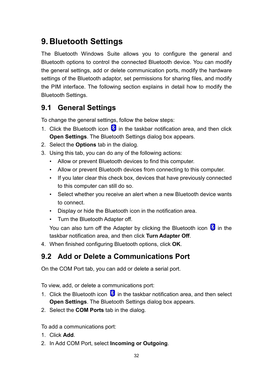 Bluetooth settings, 1 general settings, 2 add or delete a communications port | Dell Wireless Dock User Manual | Page 36 / 52