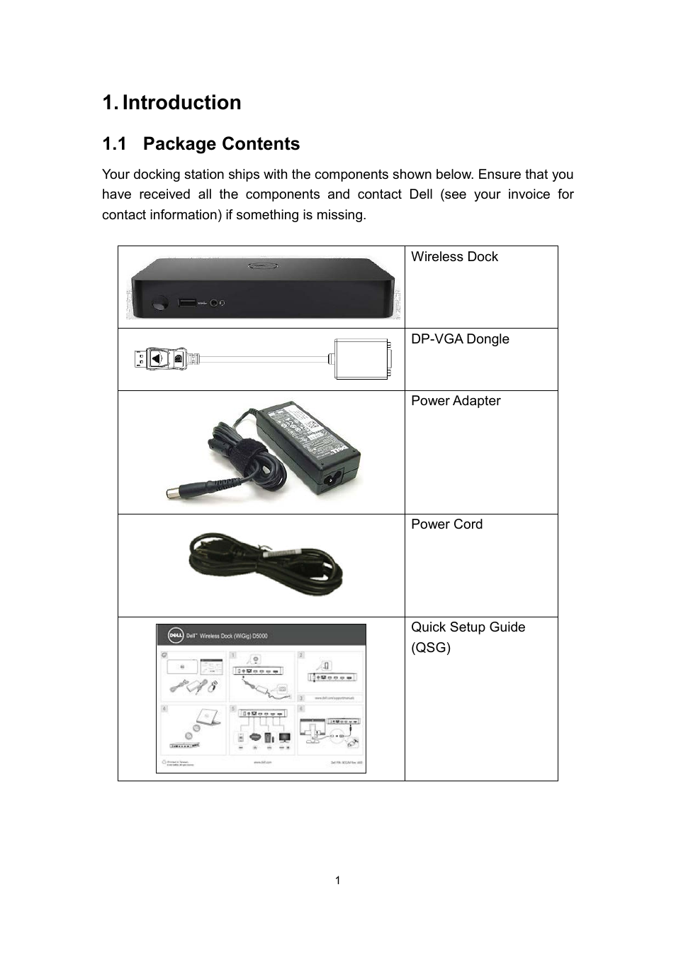 Introduction, 1 package contents | Dell Wireless Dock User Manual | Page 5 / 52