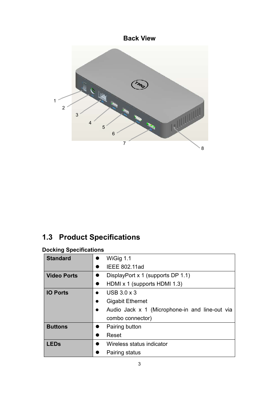 3 product specifications | Dell Wireless Dock User Manual | Page 7 / 52