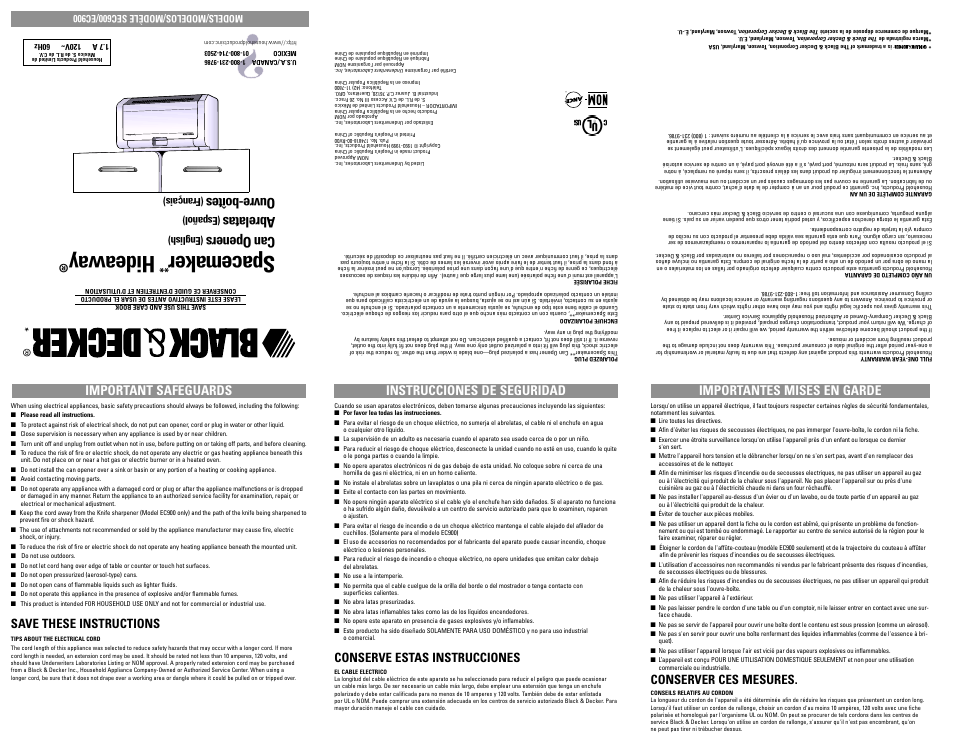 Intricciones de seguridad, Abrelatas, Español) | Spacemaker, Hideaway, Can openers, Ouvre-boîtes, Save these instructions, Conserve estas instrucciones, Conserver ces mesures | Black & Decker type 2 EC600/EC900 User Manual | Page 3 / 7