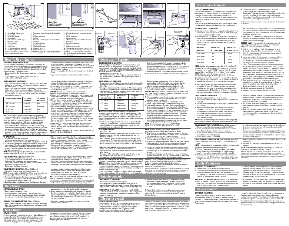 How to use, Care guide, Como usar | Guia de cuidado, Utilisation, Guide d'entretien, Optima spacemaker, Knife sharpener release optima spacemaker, Start release blade release knife sharpener, Start release blade release | Black & Decker type 2 EC600/EC900 User Manual | Page 7 / 7