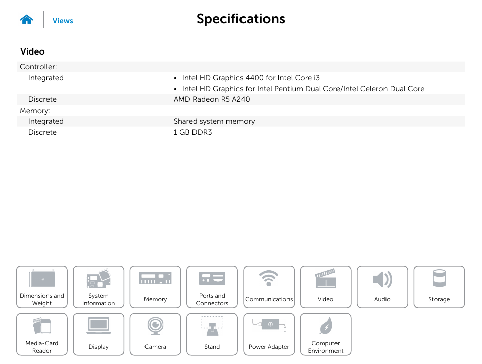 Video, Specifications | Dell Inspiron 20 (3048, Early 2014) User Manual | Page 12 / 20