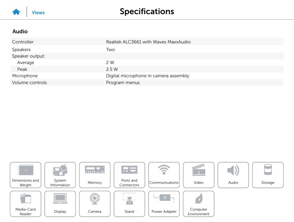 Audio, Specifications | Dell Inspiron 20 (3048, Early 2014) User Manual | Page 13 / 20