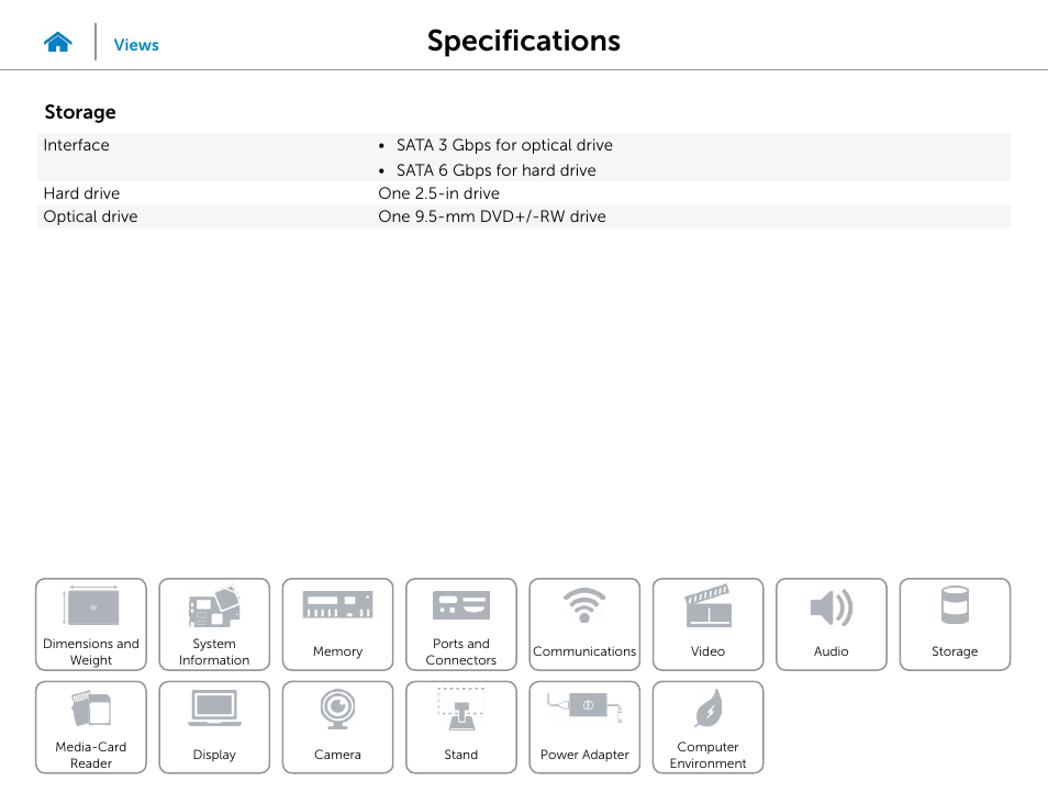 Storage, Specifications | Dell Inspiron 20 (3048, Early 2014) User Manual | Page 14 / 20