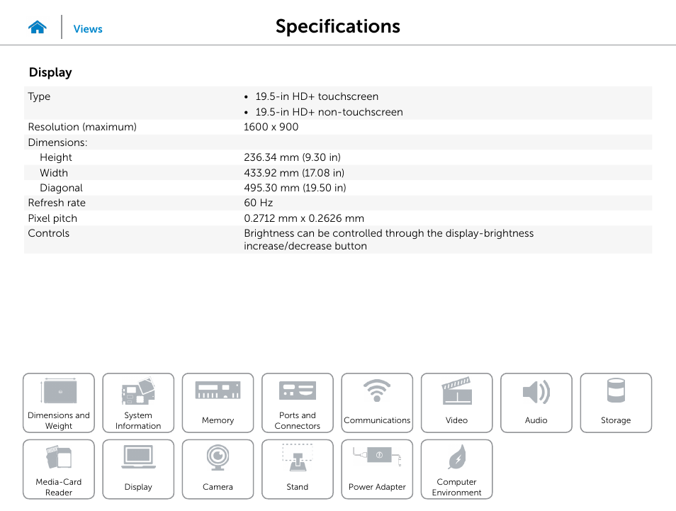 Display, Specifications | Dell Inspiron 20 (3048, Early 2014) User Manual | Page 16 / 20