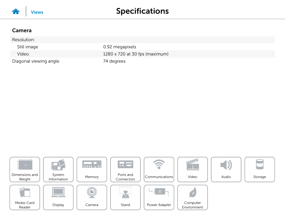 Camera, Specifications | Dell Inspiron 20 (3048, Early 2014) User Manual | Page 17 / 20