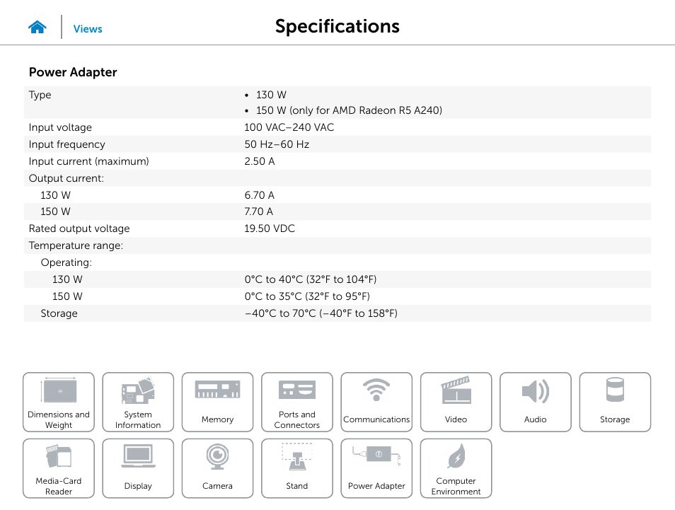 Power adapter, Specifications | Dell Inspiron 20 (3048, Early 2014) User Manual | Page 19 / 20