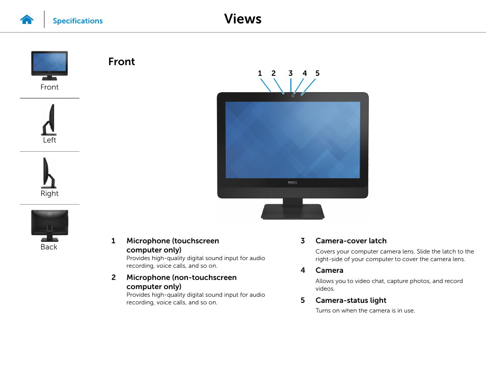 Views, Front | Dell Inspiron 20 (3048, Early 2014) User Manual | Page 2 / 20