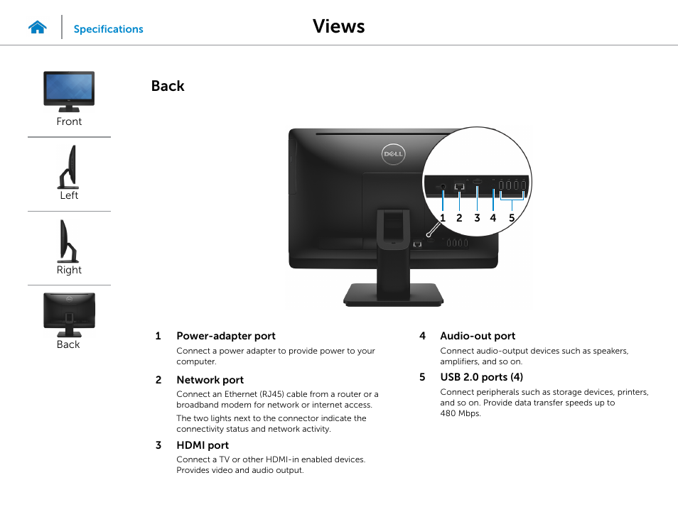 Back, Views | Dell Inspiron 20 (3048, Early 2014) User Manual | Page 5 / 20