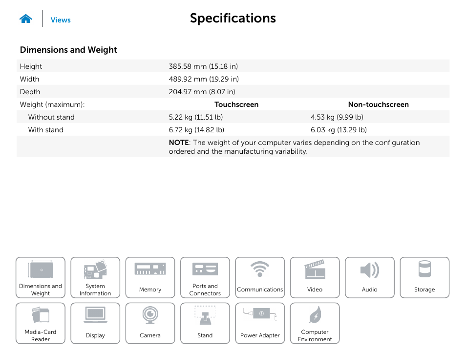 Specifications, Dimensions and weight | Dell Inspiron 20 (3048, Early 2014) User Manual | Page 7 / 20