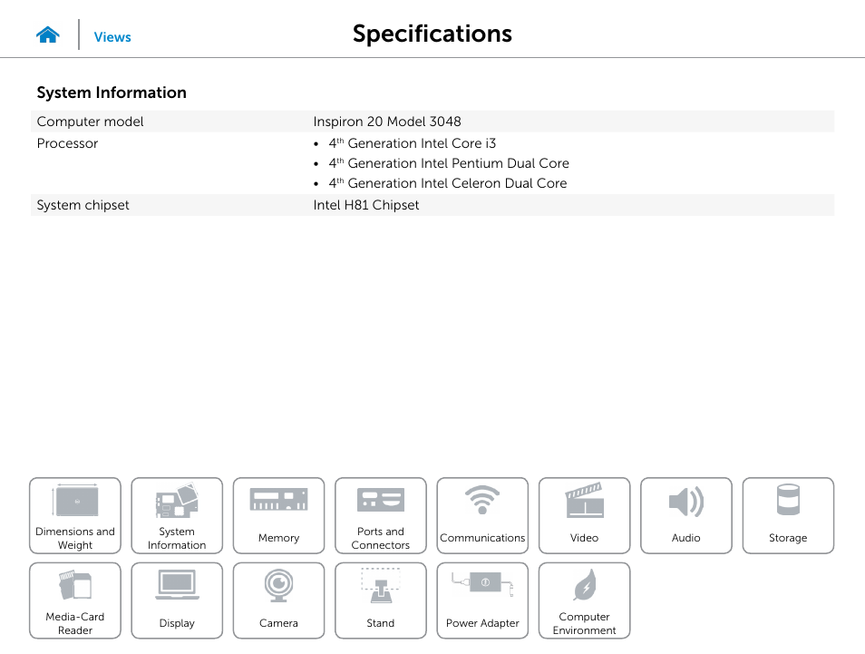 System, Information, Specifications | System information | Dell Inspiron 20 (3048, Early 2014) User Manual | Page 8 / 20