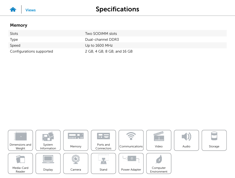 Memory, Specifications | Dell Inspiron 20 (3048, Early 2014) User Manual | Page 9 / 20