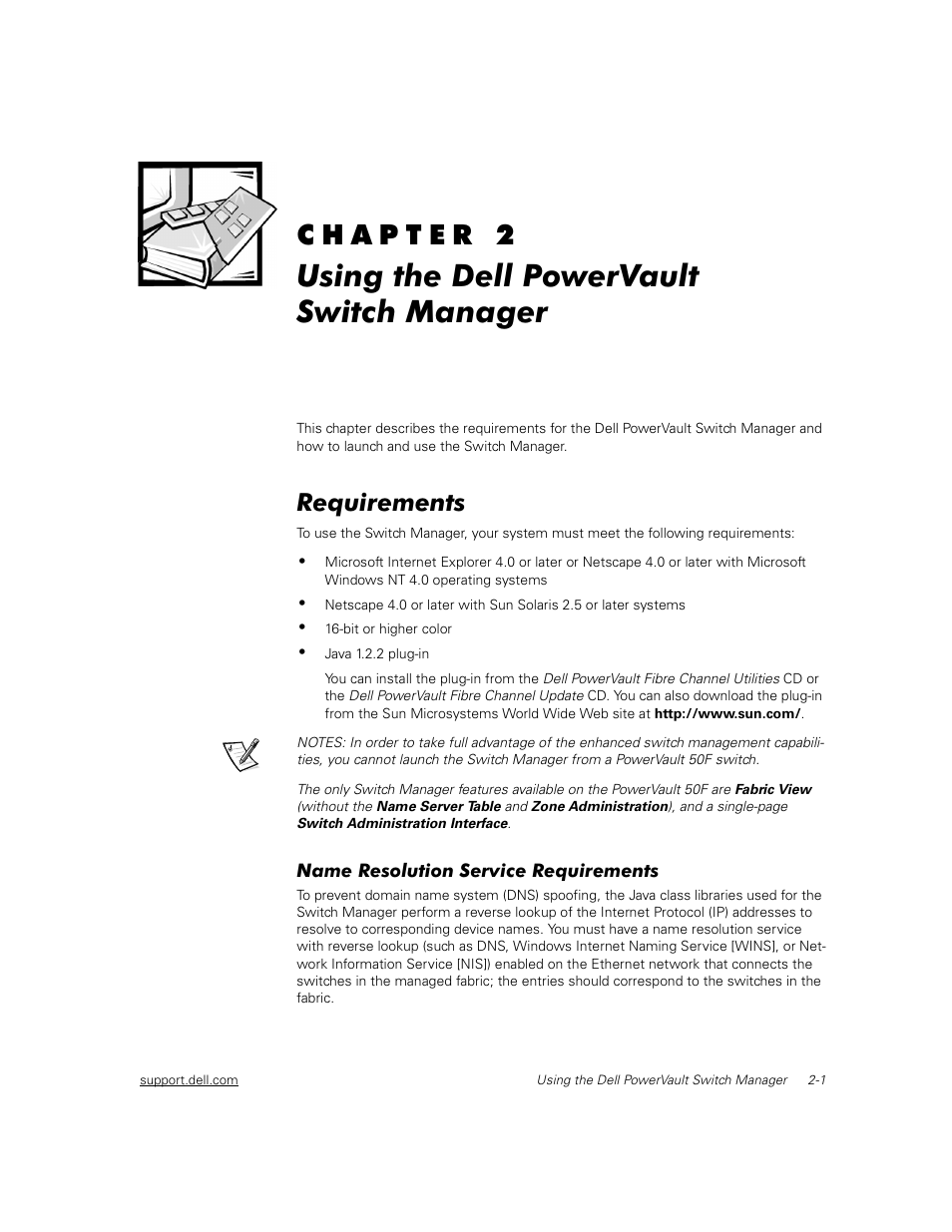 Using the dell powervault switchmanager, Requirements, Name resolution service requirements | Requirements -1, Name resolution service requirements -1 | Dell PowerVault 56F (16P Fibre Channel Switch) User Manual | Page 11 / 42