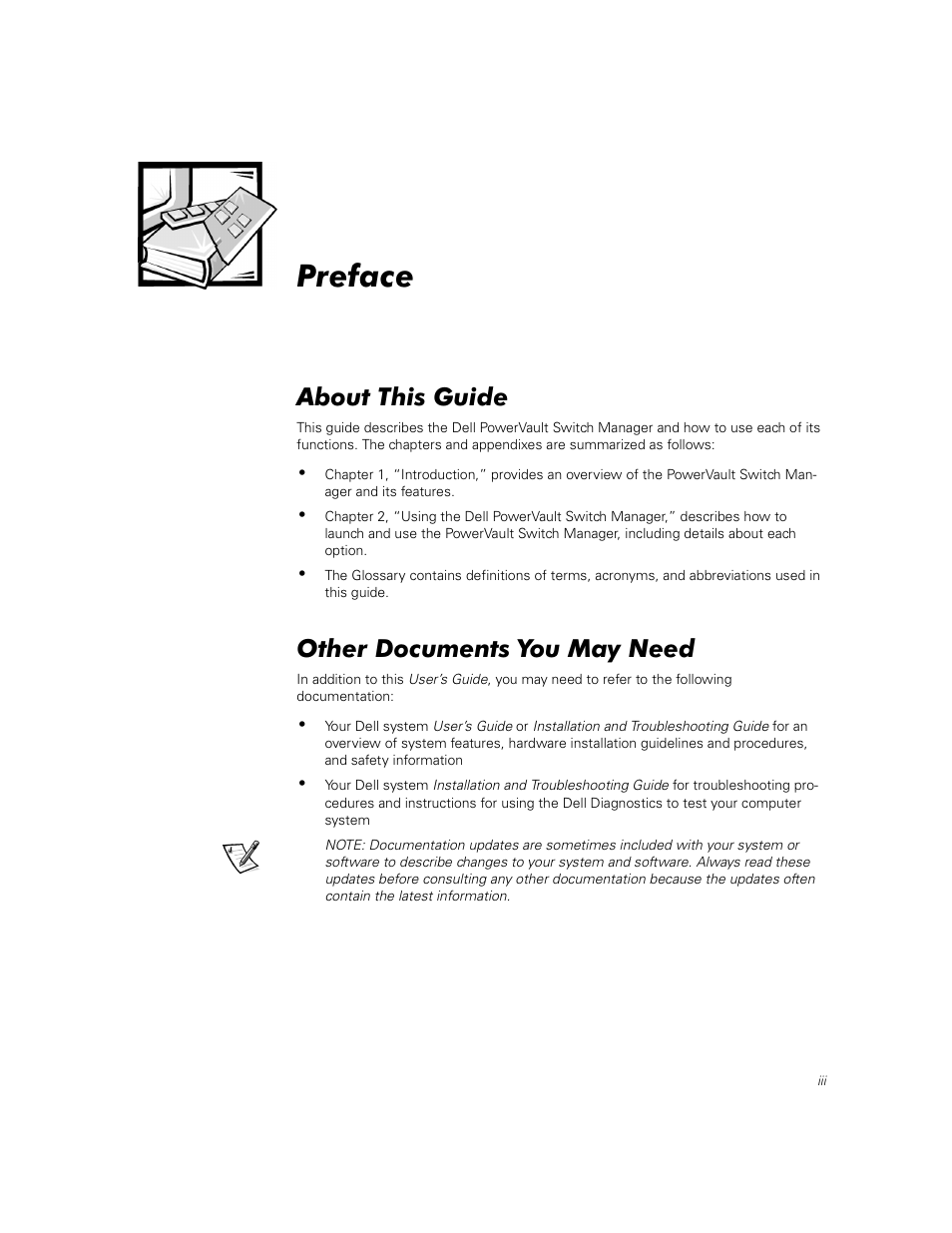 Preface, About this guide, Other documents you may need | Dell PowerVault 56F (16P Fibre Channel Switch) User Manual | Page 3 / 42