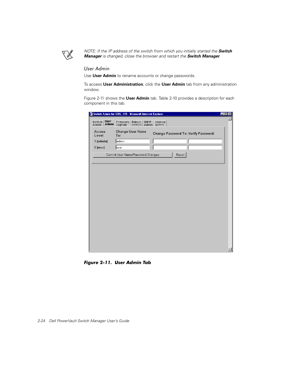 User admin, User admin -24, Figure 2-11. user administration screen -24 | Dell PowerVault 56F (16P Fibre Channel Switch) User Manual | Page 34 / 42