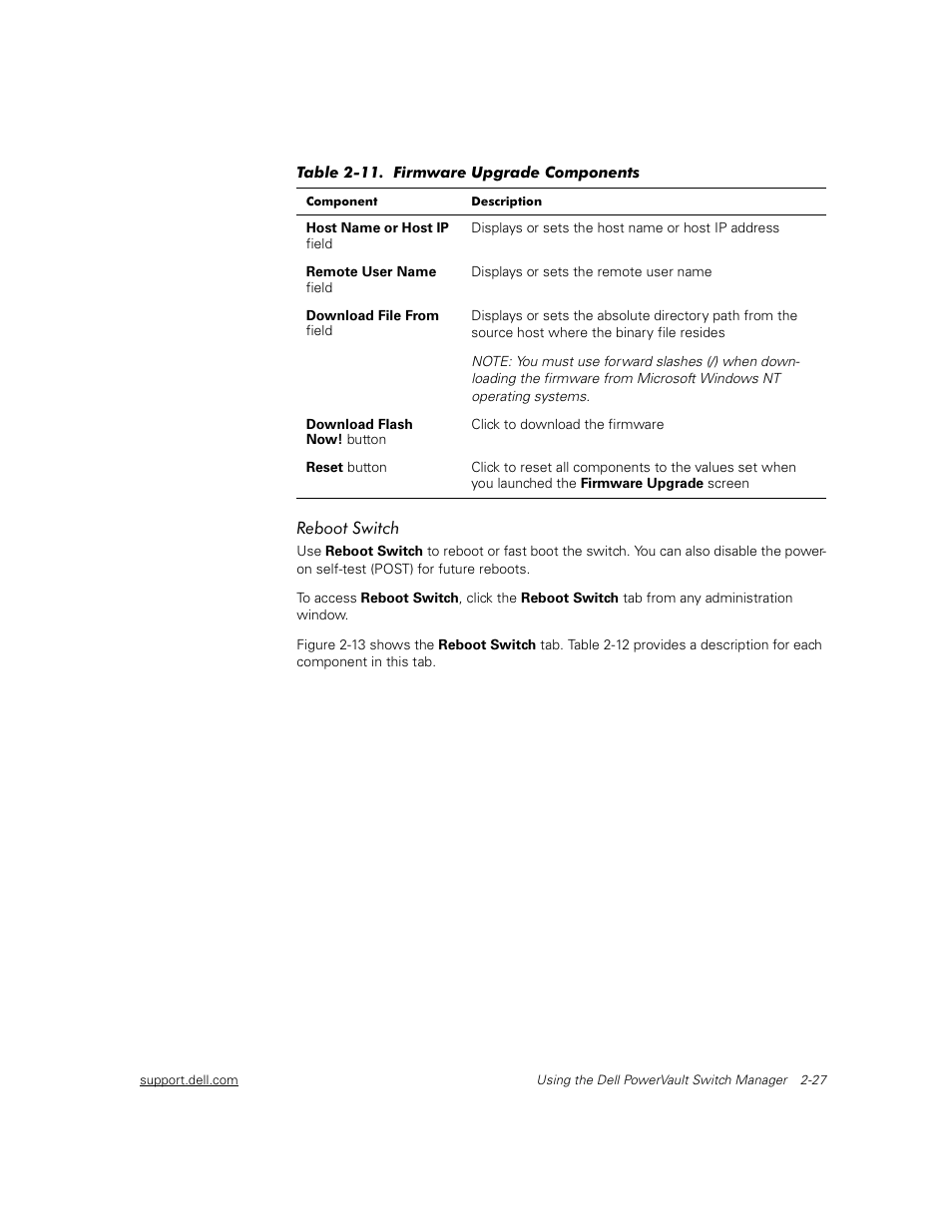 Reboot switch, Reboot switch -27, Table 2-11 | Firmware upgrade fields -27 | Dell PowerVault 56F (16P Fibre Channel Switch) User Manual | Page 37 / 42