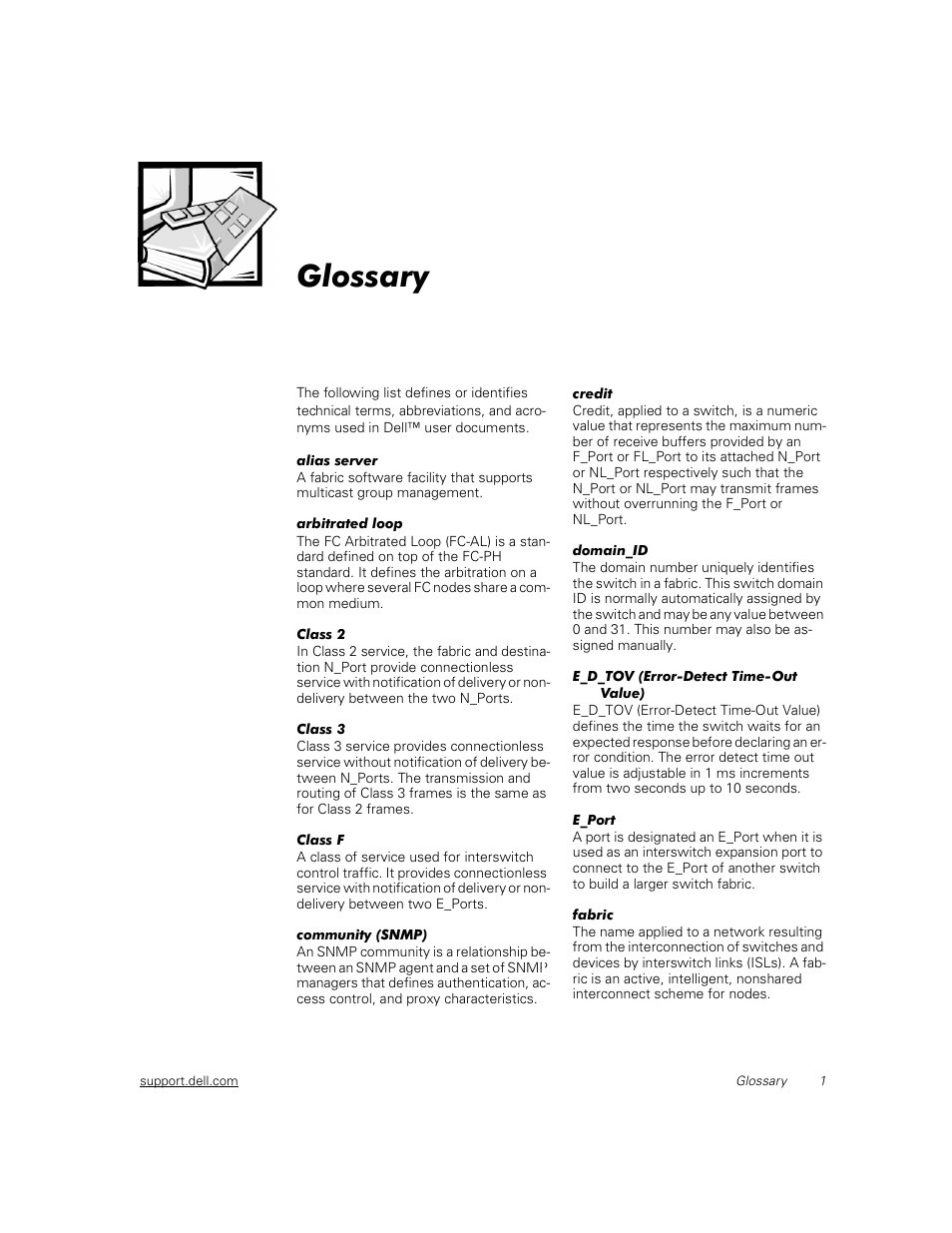 Glossary | Dell PowerVault 56F (16P Fibre Channel Switch) User Manual | Page 41 / 42