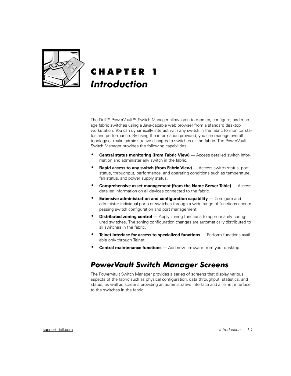 Introduction, Powervault switch manager screens, Powervault switch manager screens -1 | Dell PowerVault 56F (16P Fibre Channel Switch) User Manual | Page 9 / 42