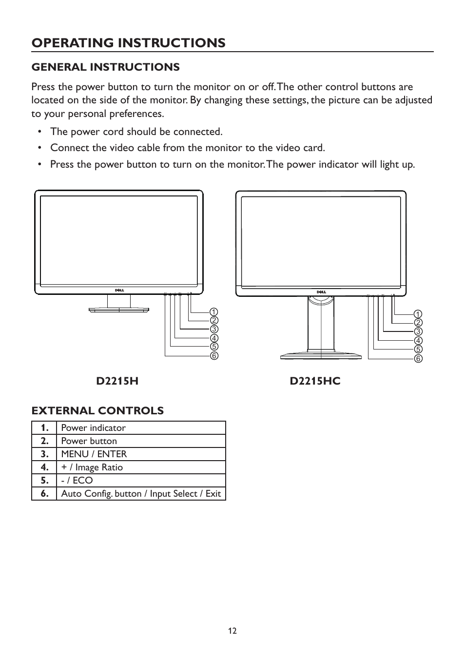 Operating instructions, General instructions | Dell D2215H Monitor User Manual | Page 12 / 21