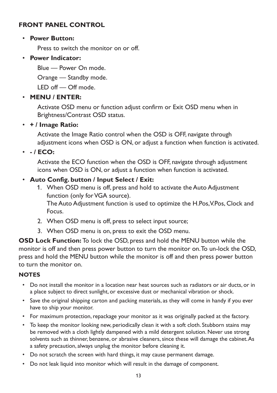 Front panel control | Dell D2215H Monitor User Manual | Page 13 / 21