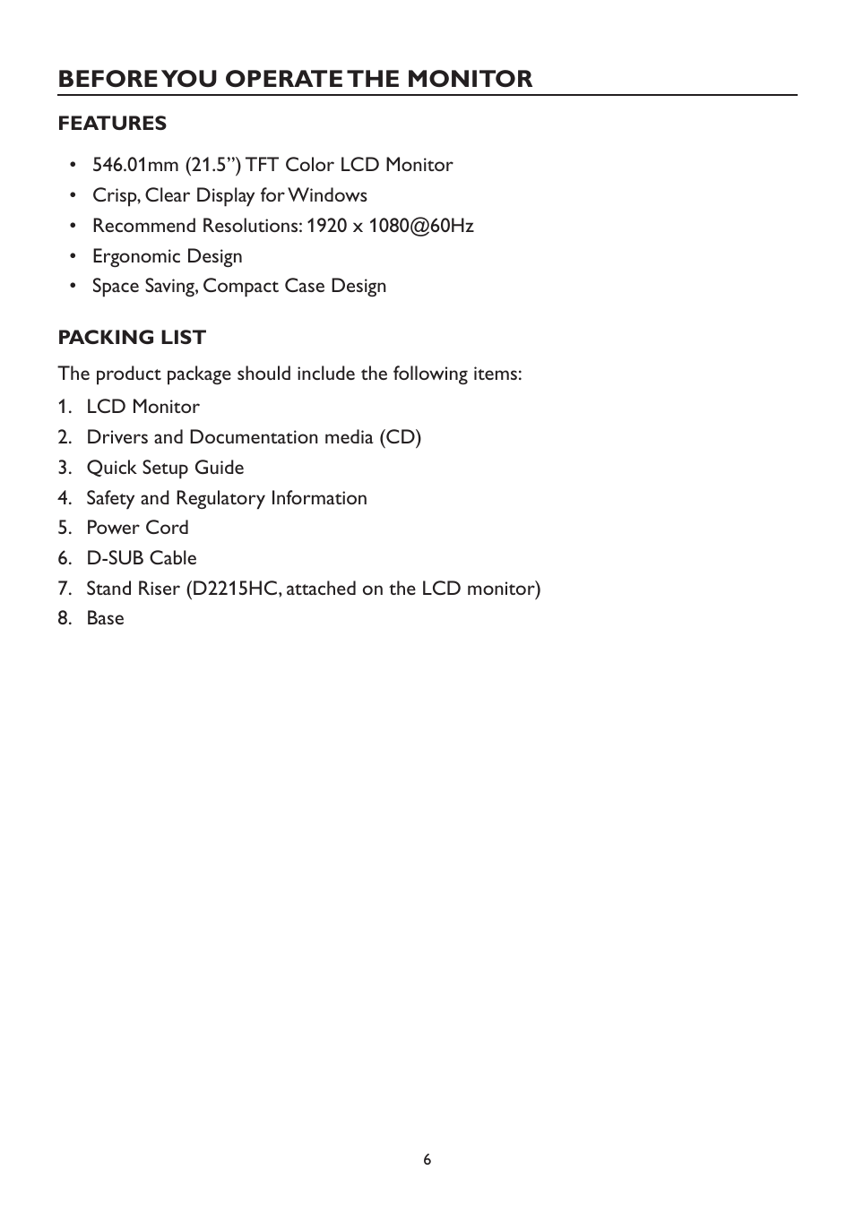 Before you operate the monitor, Features, Packing list | Dell D2215H Monitor User Manual | Page 6 / 21